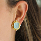 Light Aqua Venetian Glass Intaglio "Greek Muse" Earrings With Four Pearls Set On Godron Bezel
