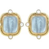 Light Aqua Venetian Glass Intaglio "Greek Muse" Earrings With Four Pearls Set On Godron Bezel
