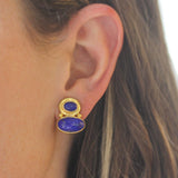 Stacked Horizontal Oval Lapis Earrings with Side Gold Dots