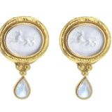 Crystal Venetian Glass Intaglio “Hypocanthus” Earring With Detachable Pear-Shaped Moonstone Drops