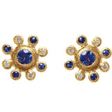 Faceted Blue Sapphire Stud Earrings With Surrounding Blue Sapphire and Diamond Halo