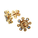 Faceted Blue Sapphire Stud Earrings With Surrounding Blue Sapphire and Diamond Halo