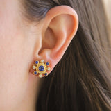 Faceted Blue Sapphire Stud Earrings With Surrounding Blue Sapphire and Diamond Halo