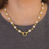 17" 8-8.5mm Akoya Pearl And Gold Link Necklace With Circle Clasp Necklace