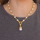 17" 8-8.5mm Akoya Pearl And Gold Link Necklace With Circle Clasp Necklace