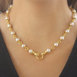 17" 8-8.5mm Akoya Pearl And Gold Link Necklace With Circle Clasp Necklace