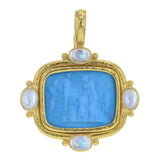 Swimming Pool Venetian Glass Intaglio Cushion "Pan Picnic Antique" Pendant With Four Cabochon Moonstones and Gold Dots