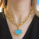 Swimming Pool Venetian Glass Intaglio Cushion "Pan Picnic Antique" Pendant With Four Cabochon Moonstones and Gold Dots