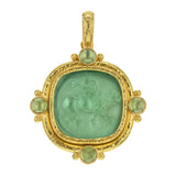 Nile Venetian Glass Intaglio Cushion "Cupid Riding Lion" Pendant With Four Cabochon Peridot and Gold Dots On Outer Bezel