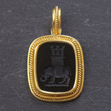 Vertical Cushion Onyx Seal "Elephant And Castle" Pendant In Braided Bezel With Braided Hinged Bale