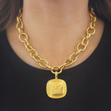 Gold "Griffin & Palm" Livery Button Pendant with Step Bezel