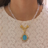 Swimming Pool Venetian Glass Intaglio "Goddess with Column" Oval Pendant with Cabochon Moonstones