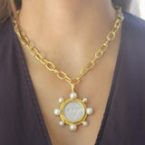 Crystal Venetian Glass Intaglio "Cupid Riding Lion" Pendant With Pearls