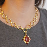 Vertical Oval Carnelian "Bird" Seal Pendant With Oval Carnelians Set on Godron Bezel and Thin Hinged Bale