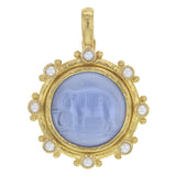 Cerulean Venetian Glass Intaglio "Elephant" Pendant with White Pearls and Gold Dots