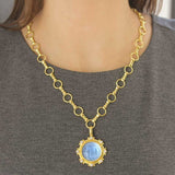 Cerulean Venetian Glass Intaglio "Elephant" Pendant with White Pearls and Gold Dots