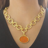 Amber Venetian Glass Intaglio "Mystic Ball" Pendant With Faceted Citrines
