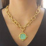 Nile Venetian Glass Intaglio Cushion "Cupid Riding Lion" Pendant With Four Cabochon Peridot and Gold Dots On Outer Bezel