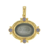 Smoke Venetian Glass Intaglio "Leo" Pendant With Four Round Cabochon Labradorite Stones and Gold Dots