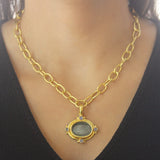 Smoke Venetian Glass Intaglio "Leo" Pendant With Four Round Cabochon Labradorite Stones and Gold Dots