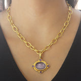 Mulberry Venetian Glass Intaglio "Leo" Pendant With Four Round Cabochon Amethyst Stones and Gold Dots
