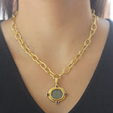 Smoke Venetian Glass Intaglio "Goddess on a Boat" Pendant with Faceted Iolite