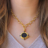 Black Venetian Glass Intaglio "Goddess On Boat" Pendant With Square Faceted Stones