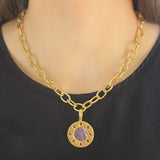 Mulberry Venetian Glass Intaglio "Man in the Moon" Pendant with Cabochon Amethyst