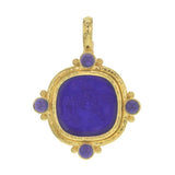 Cobalt Venetian Glass Intaglio Cushion "Cupid Riding Lion" Pendant With Four Cabochon Iolites and Gold Dots On Outer Bezel