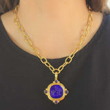 Cobalt Venetian Glass Intaglio Cushion "Cupid Riding Lion" Pendant With Four Cabochon Iolites and Gold Dots On Outer Bezel