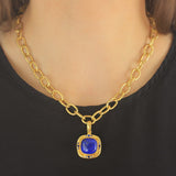 Square Cushion Lapis Pendant with Four Sets of Blue Sapphires on Bezel with Thin Hinged Bale