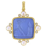 Cerulean Venetian Glass Intaglio "Goddess at Altar" Pendant with Round Cabochon and Round Faceted Moonstone