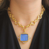 Cerulean Venetian Glass Intaglio "Goddess at Altar" Pendant with Round Cabochon and Round Faceted Moonstone