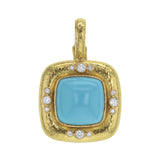 Square Cushion Turquoise Pendant With Diamonds On Bezel And Thin Hinged Bale