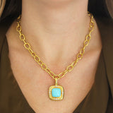 Square Cushion Turquoise Pendant With Diamonds On Bezel And Thin Hinged Bale