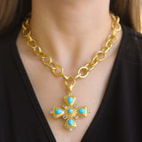 Turquoise Cross Pendant and Brooch With Moonstones