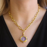 Mulberry Venetian Glass Intaglio "Goddess on a Boat" Pendant with Faceted Amethyst
