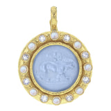 Cerulean Venetian Glass Intaglio "Cupid Riding Lion" Pendant With Faceted and Cabochon Moonstone