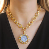 Cerulean Venetian Glass Intaglio "Cupid Riding Lion" Pendant With Faceted and Cabochon Moonstone