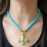 Sleeping Beauty Turquoise & Pearl Maltese Cross Pendant