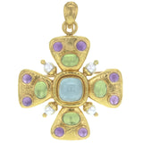 Maltese Cross Pedant and Brooch with Sugarloaf Aquamarine, Oval Peridot, Round Amethyst and Pearls