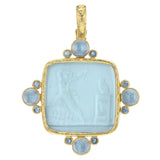 Light Aqua Venetian Glass Intaglio "Goddess at Altar" Pendant with Round Cabochon and Round Faceted Aquamarines