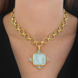 Light Aqua Venetian Glass Intaglio "Goddess at Altar" Pendant with Round Cabochon and Round Faceted Aquamarines