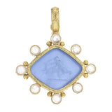 Cerulean Venetian Glass Intaglio "Rombo God and Deer" Pendant With Cabochon Moonstones