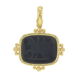 Cushion Onyx Seal "Two Griffins" Pendant with Thin Clip Bale and Gold Dots
