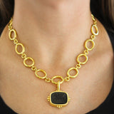 Cushion Onyx Seal "Two Griffins" Pendant with Thin Clip Bale and Gold Dots