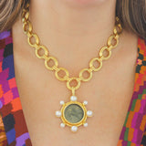 Smoke Venetian Glass Intaglio "Cupid Riding Lion" Pendant With Pearls