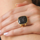 Square Cushion Onyx "Lion" Ring with Split Shank and Gold Dots