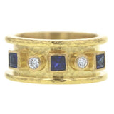 Princess-Cut Blue Sapphire And Round Diamond Straight Cigar Band Ring