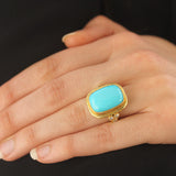 Cushion Cut Cabochon Turquoise Ring with Diamond Triads